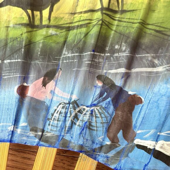 60 x 35 VTG Large Asian Fan Hanging Wall Décor HandPainted Village Mountain Lake - Picture 10 of 13